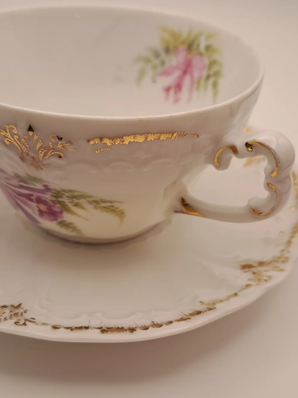 ​Antique Weimar Germany Porcelain Teacup Saucer Set Floral Orchid Gold Gilt Trim